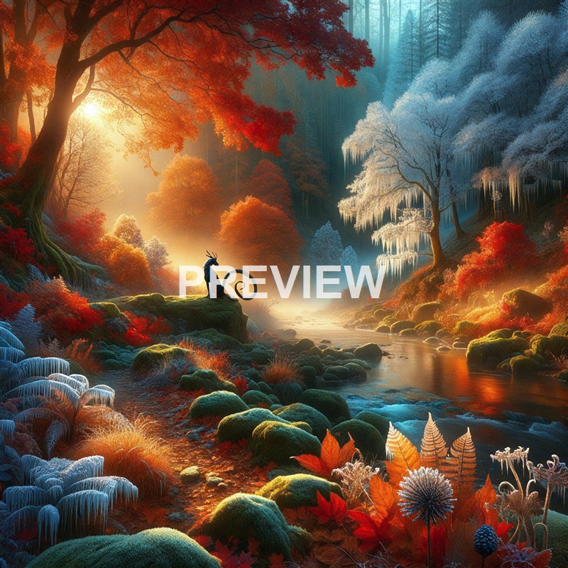 A mystical, colorful forest scene with vibrant autumn foliage, icy trees, a flowing stream, and a dragon-like creature sitting on a mossy rock under warm sunlight.